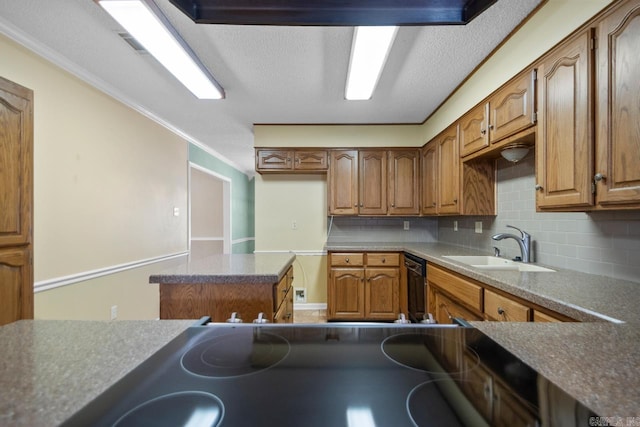 3905 Deer Dr, Benton, AR 72019 - kitchen with brown cabinets, backsplash, dishwasher, crown molding, and dark countertops