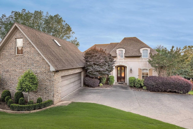 12 Cobblestone Way, Little Rock, AR 72223 - french country style house featuring driveway, french doors, brick siding, a front yard, and a shingled roof