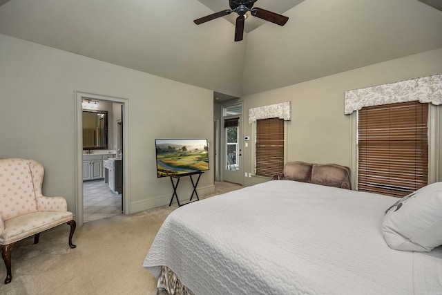 12 Cobblestone Way, Little Rock, AR 72223 - bedroom with light carpet, high vaulted ceiling, ensuite bathroom, a ceiling fan, and access to outside