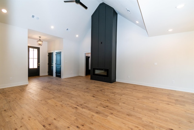 2284 Sistine Chapel Cir, Jonesboro, AR 72404 - unfurnished living room featuring high vaulted ceiling, ceiling fan, light wood-type flooring, recessed lighting, and a large fireplace