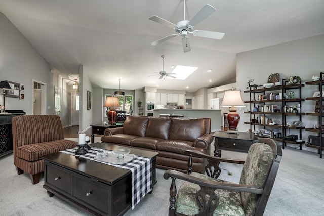96 San Sebastian Way, Hot Springs Village, AR 71909 - living area featuring ceiling fan, light colored carpet, and lofted ceiling