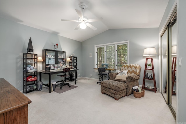 96 San Sebastian Way, Hot Springs Village, AR 71909 - office area featuring vaulted ceiling, carpet flooring, and a ceiling fan