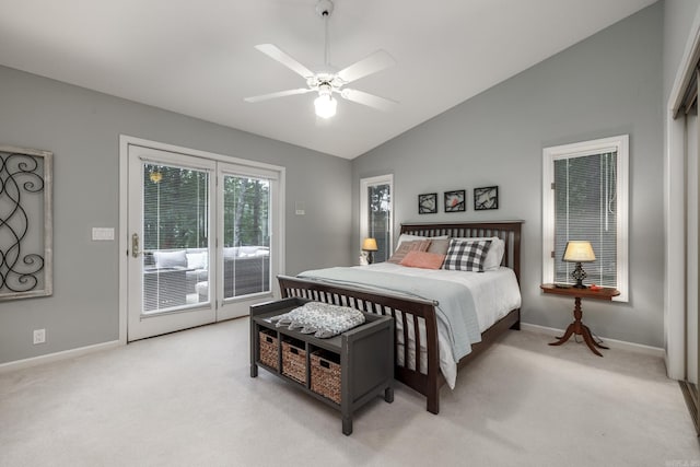 96 San Sebastian Way, Hot Springs Village, AR 71909 - bedroom featuring access to outside, light colored carpet, vaulted ceiling, and a ceiling fan