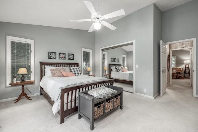 96 San Sebastian Way, Hot Springs Village, AR 71909 - bedroom featuring light colored carpet, vaulted ceiling, a closet, and ceiling fan