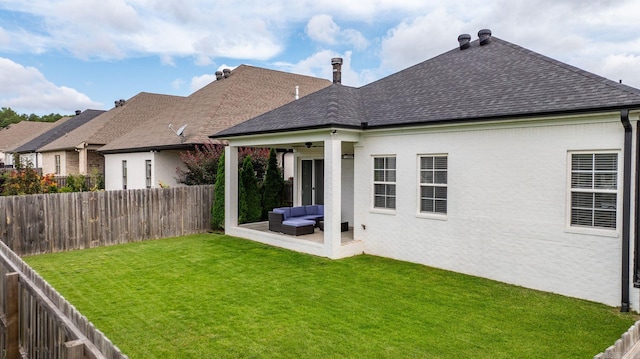 127 Copper Cir, Little Rock, AR 72223 - rear view of property with an outdoor hangout area, a fenced backyard, a shingled roof, and a patio area