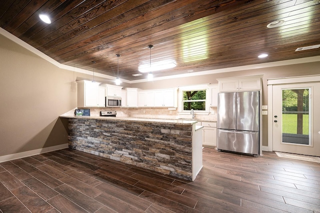 241 Sandy Creek Dr, Ward, AR 72176 - kitchen featuring stainless steel appliances, wooden ceiling, a peninsula, white cabinets, and backsplash