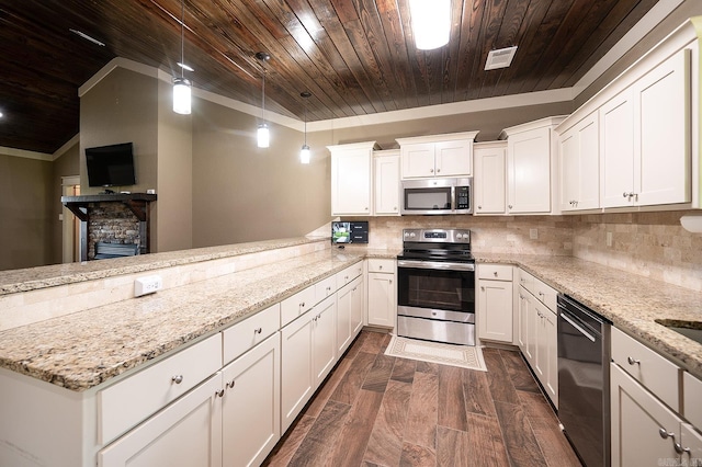 241 Sandy Creek Dr, Ward, AR 72176 - kitchen with stainless steel appliances, wood ceiling, a peninsula, dark wood-style flooring, and white cabinets