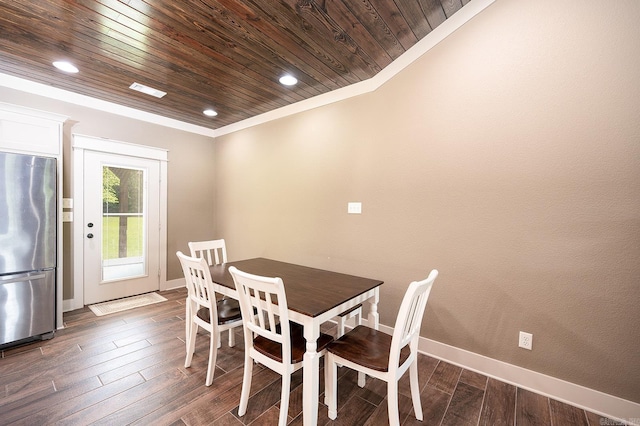 241 Sandy Creek Dr, Ward, AR 72176 - dining room with wooden ceiling, crown molding, dark wood finished floors, and recessed lighting