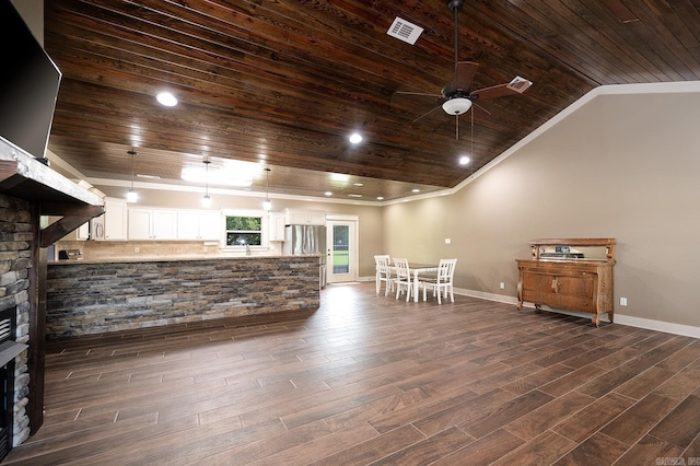 241 Sandy Creek Dr, Ward, AR 72176 - living area with wood ceiling, ornamental molding, ceiling fan, vaulted ceiling, and a fireplace