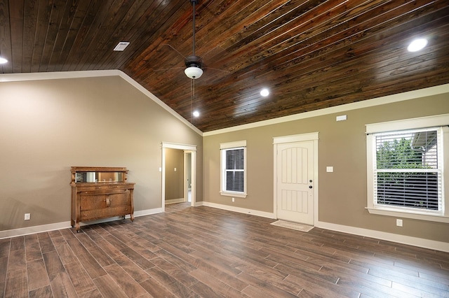 241 Sandy Creek Dr, Ward, AR 72176 - unfurnished room featuring wood ceiling, vaulted ceiling, dark wood finished floors, crown molding, and recessed lighting