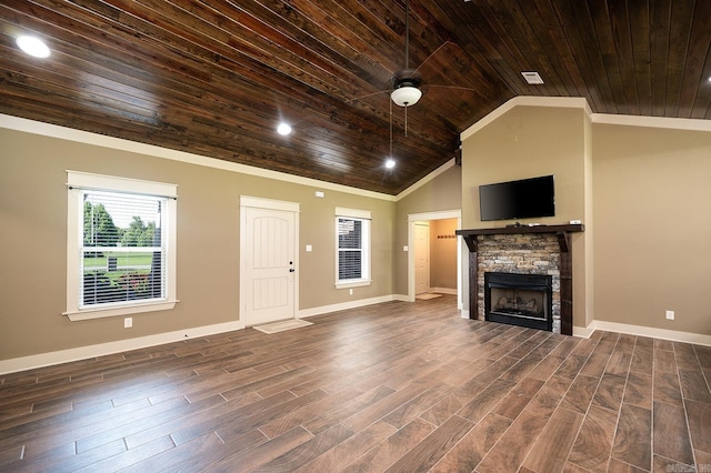 241 Sandy Creek Dr, Ward, AR 72176 - unfurnished living room featuring wood ceiling, a stone fireplace, ornamental molding, dark wood-type flooring, and vaulted ceiling