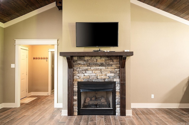 241 Sandy Creek Dr, Ward, AR 72176 - detailed view of wood finished floors, wooden ceiling, and a stone fireplace