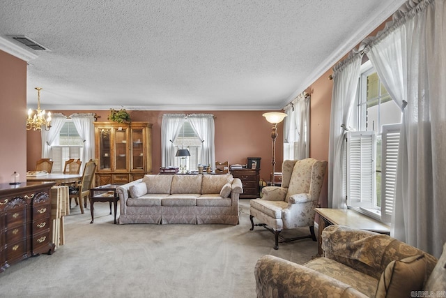 11414 E Stoney Point Ct, Little Rock, AR 72211 - living room featuring crown molding, healthy amount of natural light, light colored carpet, a chandelier, and a textured ceiling