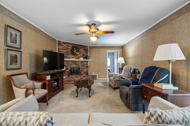 11414 E Stoney Point Ct, Little Rock, AR 72211 - living room featuring crown molding, carpet flooring, ceiling fan, wallpapered walls, and a fireplace
