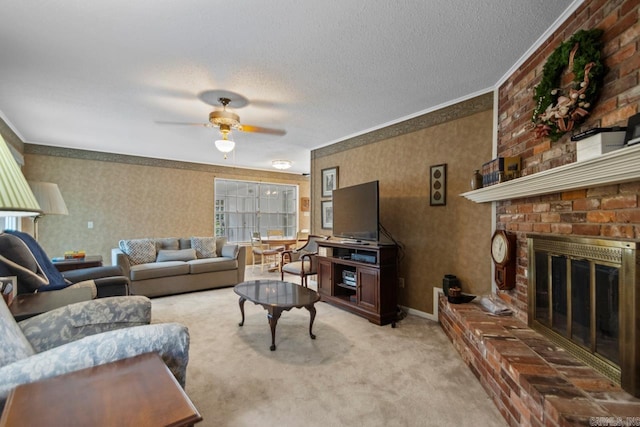 11414 E Stoney Point Ct, Little Rock, AR 72211 - carpeted living area with wallpapered walls, ornamental molding, ceiling fan, a textured ceiling, and a fireplace