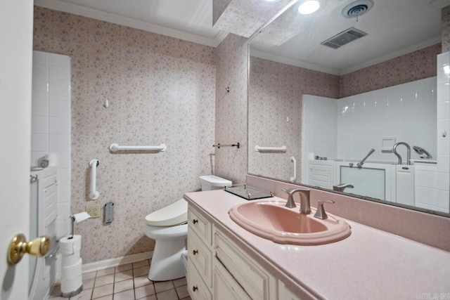 11414 E Stoney Point Ct, Little Rock, AR 72211 - bathroom with crown molding, tile patterned flooring, vanity, and wallpapered walls