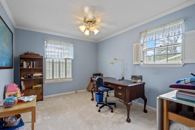 11414 E Stoney Point Ct, Little Rock, AR 72211 - carpeted office space with ornamental molding, a ceiling fan, and a textured ceiling