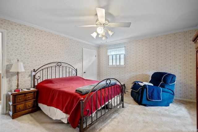 11414 E Stoney Point Ct, Little Rock, AR 72211 - carpeted bedroom with ornamental molding, ceiling fan, and wallpapered walls