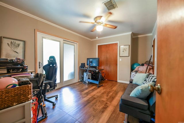3215 Edgewood Rd, El Dorado, AR 71730 - office area with ornamental molding, wood finished floors, and ceiling fan
