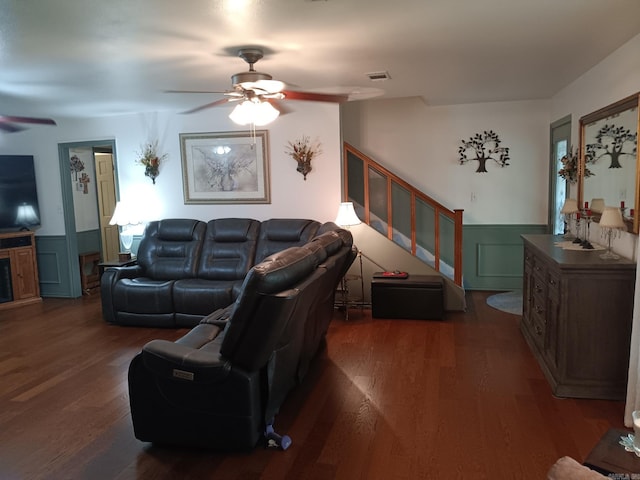 1402 Holmes Rd, Searcy, AR 72143 - living area featuring ceiling fan, stairs, wainscoting, and wood finished floors