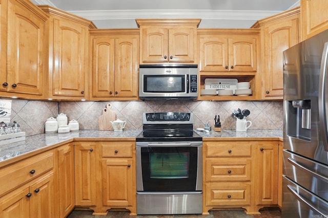 3051 Mount Mcgregor Dr, Benton, AR 72019 - kitchen featuring stainless steel appliances, tile countertops, crown molding, tasteful backsplash, and open shelves