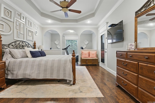 3051 Mount Mcgregor Dr, Benton, AR 72019 - bedroom with a raised ceiling, dark wood finished floors, crown molding, a ceiling fan, and recessed lighting