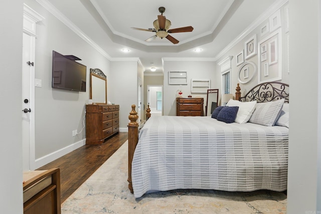 3051 Mount Mcgregor Dr, Benton, AR 72019 - bedroom featuring a tray ceiling, ornamental molding, wood finished floors, ceiling fan, and recessed lighting