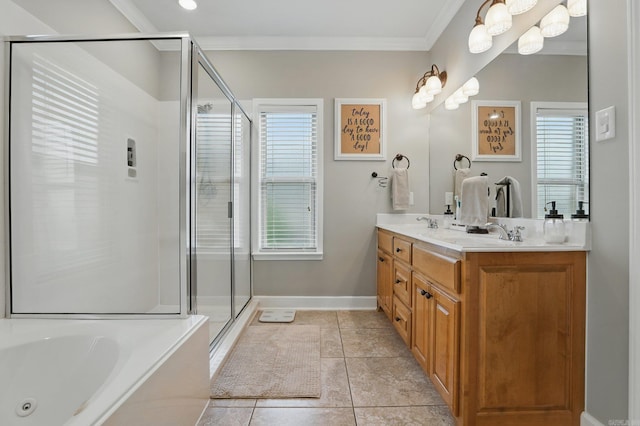 3051 Mount Mcgregor Dr, Benton, AR 72019 - bathroom featuring double vanity, a jetted tub, a stall shower, crown molding, and healthy amount of natural light