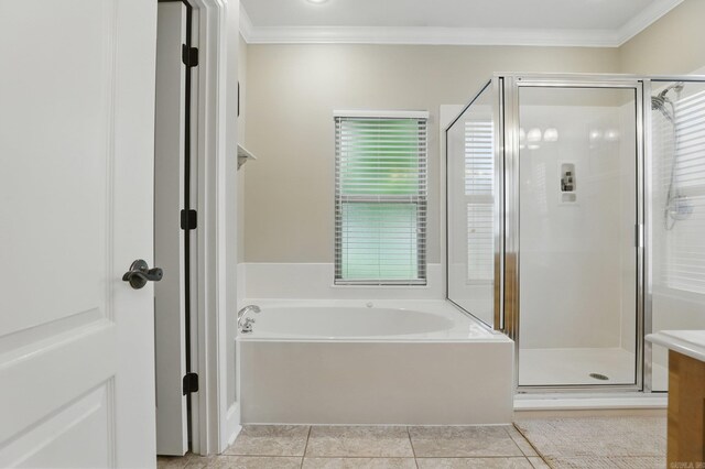 3051 Mount Mcgregor Dr, Benton, AR 72019 - bathroom with a stall shower, a bath, ornamental molding, tile patterned floors, and vanity