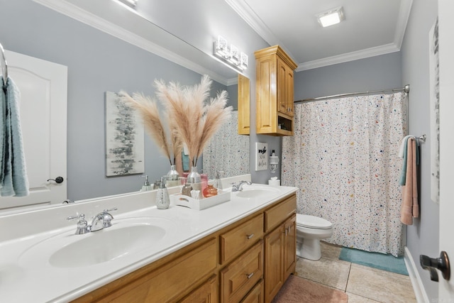 3051 Mount Mcgregor Dr, Benton, AR 72019 - bathroom featuring double vanity, tile patterned flooring, crown molding, and curtained shower