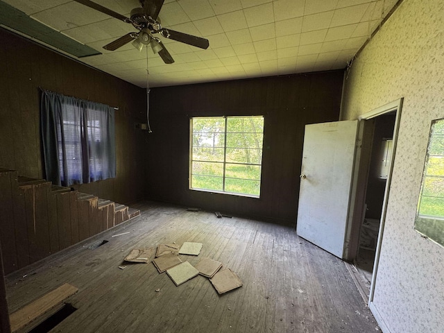 104 Crumpler, Altus, AR 72821 - empty room with hardwood / wood-style flooring, wooden walls, and a ceiling fan
