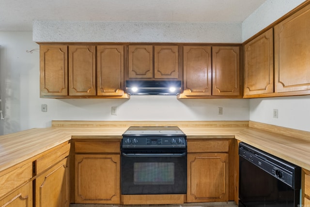 101 Winchester Ct, Fairfield Bay, AR 72088 - kitchen featuring black appliances, under cabinet range hood, butcher block counters, and brown cabinetry