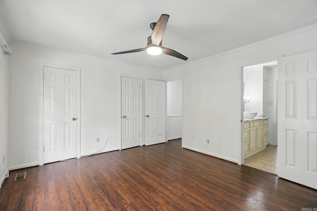 49 Kingsbridge Way, Little Rock, AR 72212 - unfurnished bedroom with wood finished floors, ornamental molding, multiple closets, ensuite bathroom, and ceiling fan