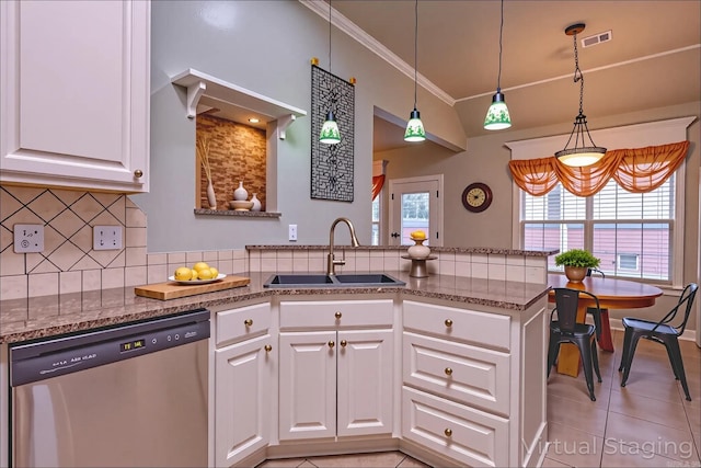 6708 Austin Harbor Loop, Sherwood, AR 72120 - kitchen featuring stainless steel dishwasher, white cabinets, decorative backsplash, stone counters, and crown molding