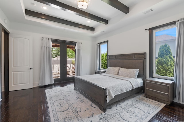18001 Oak Creek Pl, Little Rock, AR 72223 - bedroom featuring french doors, access to exterior, dark wood-style flooring, beam ceiling, and recessed lighting