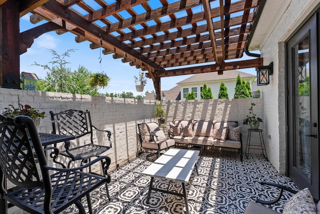 18001 Oak Creek Pl, Little Rock, AR 72223 - fenced backyard with outdoor lounge area, a pergola, and a patio area