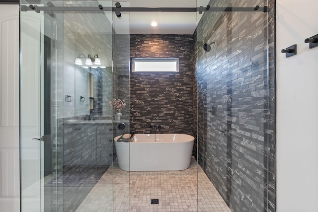 18001 Oak Creek Pl, Little Rock, AR 72223 - bathroom featuring a soaking tub, a stall shower, and tile patterned flooring