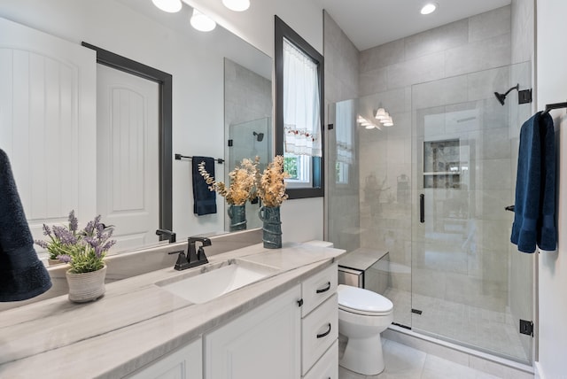 18001 Oak Creek Pl, Little Rock, AR 72223 - bathroom with vanity, a stall shower, recessed lighting, and tile patterned flooring