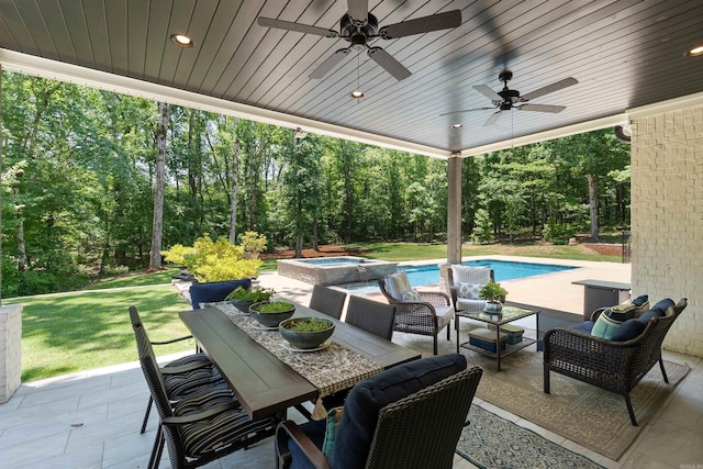 18001 Oak Creek Pl, Little Rock, AR 72223 - view of patio with a ceiling fan, a pool with connected hot tub, an outdoor living space, and outdoor dining space