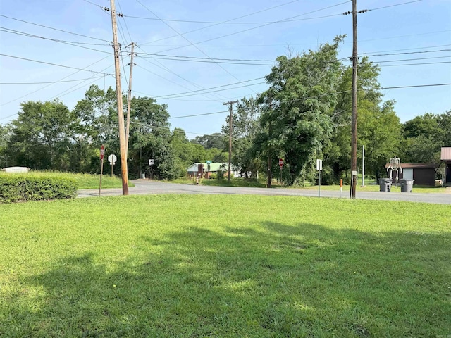 view of grassy yard featuring view of wooded area