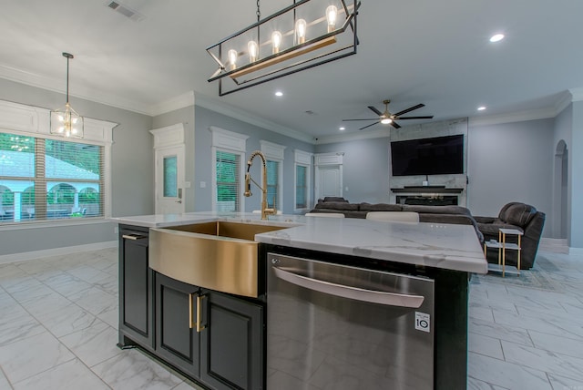 1027 Evening Sunset Cir, Redfield, AR 72132 - kitchen featuring dishwasher, light marble finish floors, recessed lighting, open floor plan, and a ceiling fan