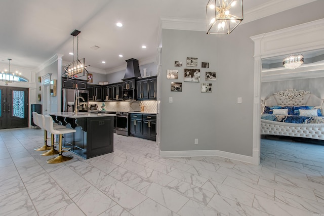 1027 Evening Sunset Cir, Redfield, AR 72132 - kitchen featuring a chandelier, appliances with stainless steel finishes, ornamental molding, a kitchen bar, and decorative backsplash