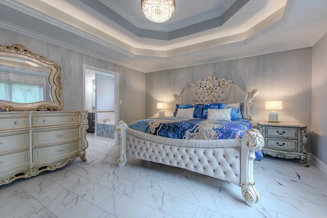 1027 Evening Sunset Cir, Redfield, AR 72132 - bedroom featuring marble look tile flooring, a chandelier, crown molding, and a tray ceiling