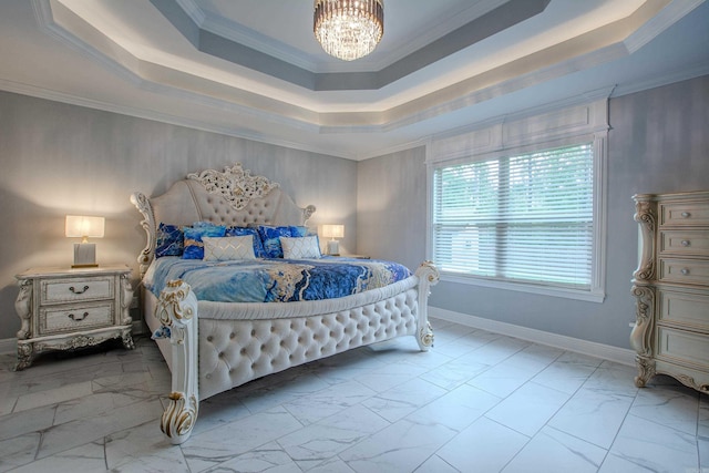 1027 Evening Sunset Cir, Redfield, AR 72132 - bedroom with marble look tiles, a chandelier, crown molding, and a tray ceiling