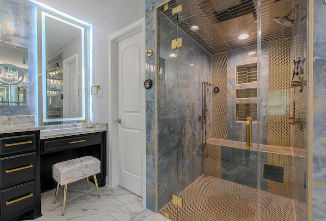 1027 Evening Sunset Cir, Redfield, AR 72132 - bathroom featuring a stall shower, marble finish floors, and vanity