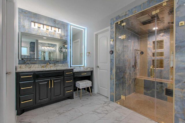 1027 Evening Sunset Cir, Redfield, AR 72132 - full bathroom with a stall shower, marble look tiles, and vanity