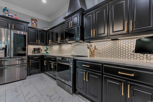 1027 Evening Sunset Cir, Redfield, AR 72132 - kitchen featuring stainless steel appliances, dark cabinetry, ornamental molding, light marble finish flooring, and decorative backsplash
