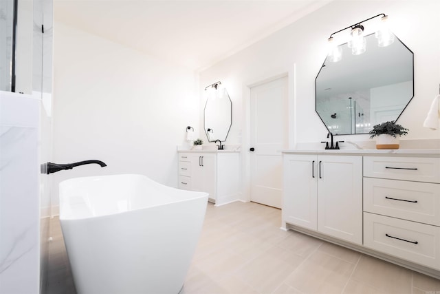 14408 Stonebrook Ln, Maumelle, AR 72113 - bathroom featuring two vanities, a stall shower, and a soaking tub
