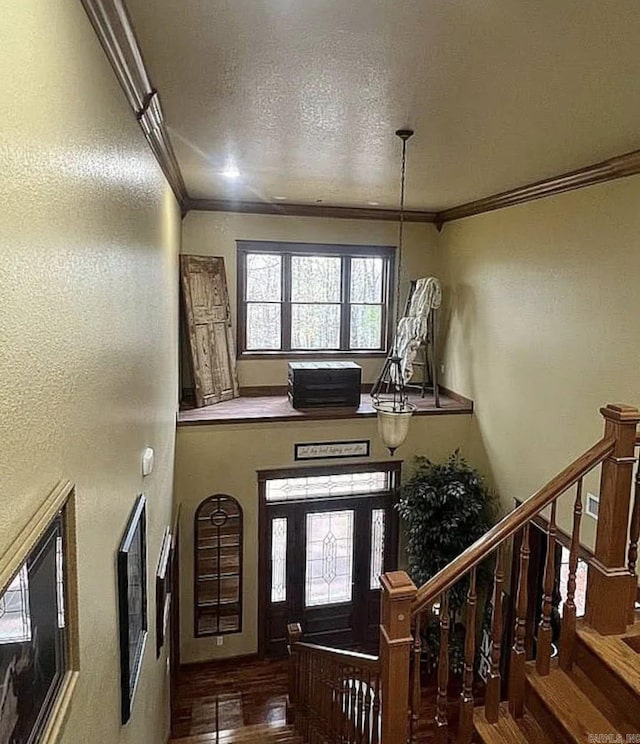 847 Woodland Hills Dr, Mountain View, AR 72560 - foyer with crown molding, wood finished floors, stairs, a textured ceiling, and a textured wall