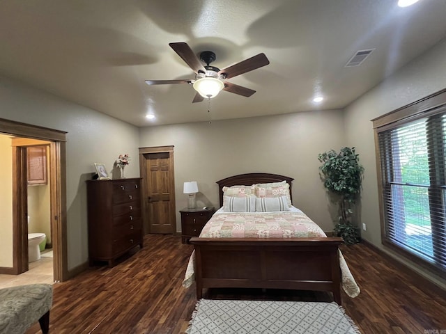 847 Woodland Hills Dr, Mountain View, AR 72560 - bedroom featuring dark wood-type flooring, recessed lighting, a ceiling fan, and ensuite bathroom